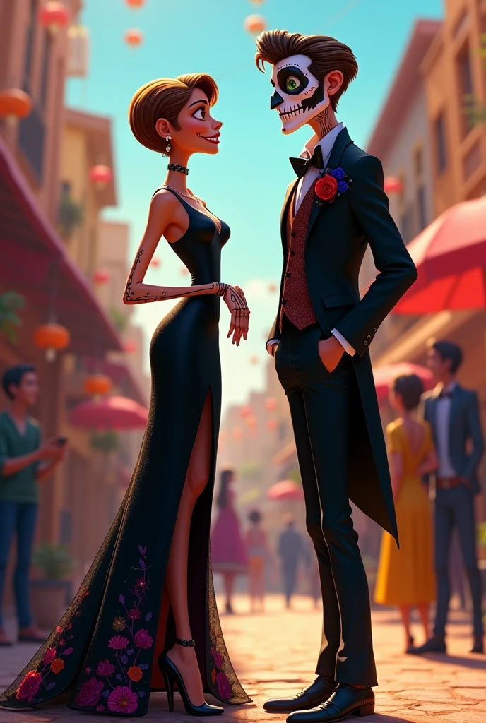 Disney Pixar style cover of a tall woman, slim, white tea, short, very short light brown hair, big brown eyes dressed as a witch on the day of the dead, with a beautiful black dress and high heels and a tall man, delgado, white tea, light brown hair combed to the side and beard, green eyes 