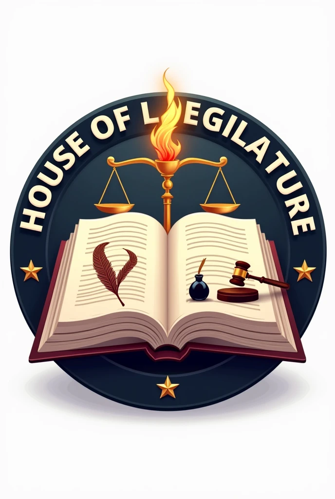 make a logo where an open page book has a drawing of torch and on the other page is gavel, quill and ink . in 3d design with a word "house of legislature" with circle background
