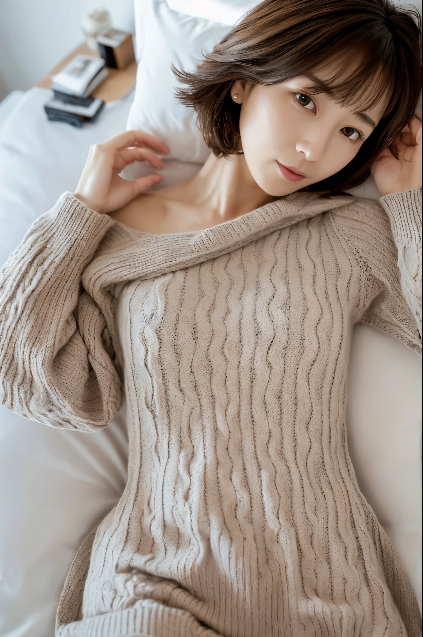 Masterpiece, High quality, Ultra-high resolution, 8K, Realistic, (Intricate details: 1.2), A Japanese woman, 40 years old, short hair, cute face, detailed face, beautiful eyes, detailed eyes, slender body, hourglass figure, anatomically correct body structure, (wearing a loose knit camisole next to the skin: 1.4), obscene pose, looking into the camera. a photo captured on a bed in a hotel room, white walls, Top view photo, full-body photo