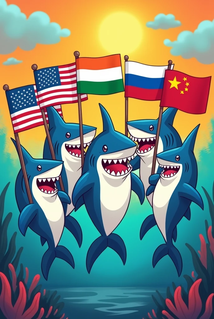 5 shark friend make 5 countries India USA Russia Indonesia China flag colour