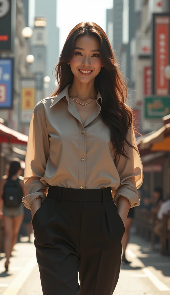 Highest quality, Very detailed, masterpiece, 1 person,Japanese women,(((Perfect female body))),Very beautiful face, Very beautiful body,Gentle expression, Very beautiful eyes,(Perfect Makeup:1.1),Fashion Model,Korean Fashion,Long Hair,Brown Hair:1.3, Big Breasts、Smart Abs,Monotone big size short sleeve shirt,Ankle Pants,necklace,anklet,Elegant pumps,A kind smile,Full body portrait,(Street background:1.3), (Glowing Skin),(Earrings),