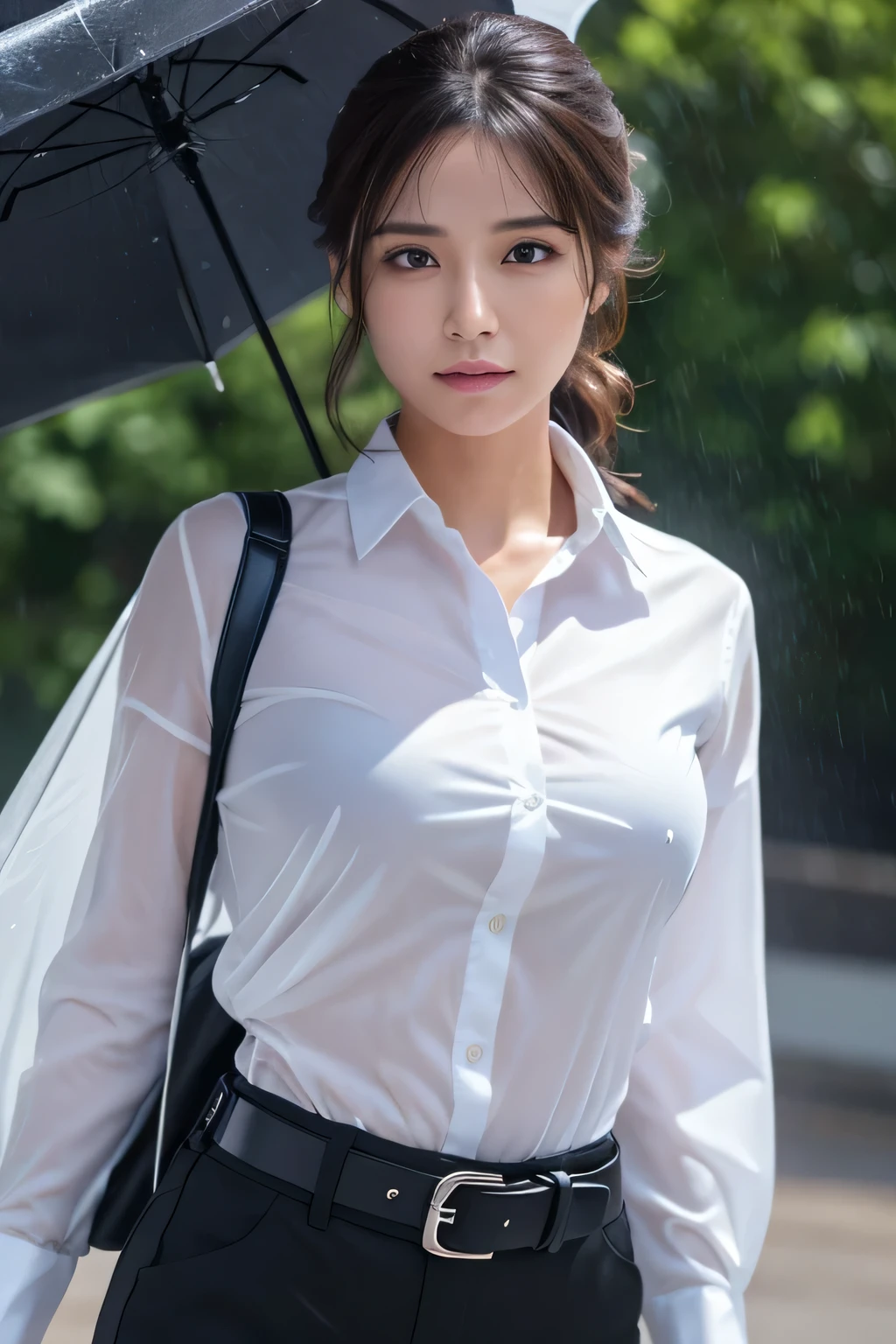 a woman in a suit, belt, hands behind back, sweating, suspenders, black pants, sexy, large breasts, see-through clothing, rain, heavy rain, detective, office worker, white button-up shirt, (best quality,4k,8k,highres,masterpiece:1.2),ultra-detailed,(realistic,photorealistic,photo-realistic:1.37),hyper-detailed,highly detailed face and body, スレンダー　細い　サスペンダー　大きい胸　透けたシャツ　