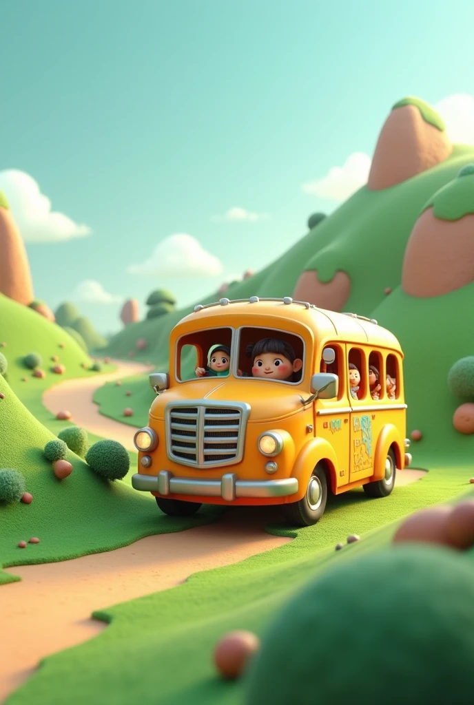 Long bus in hill drive cartoon ai 3d image cartoon type