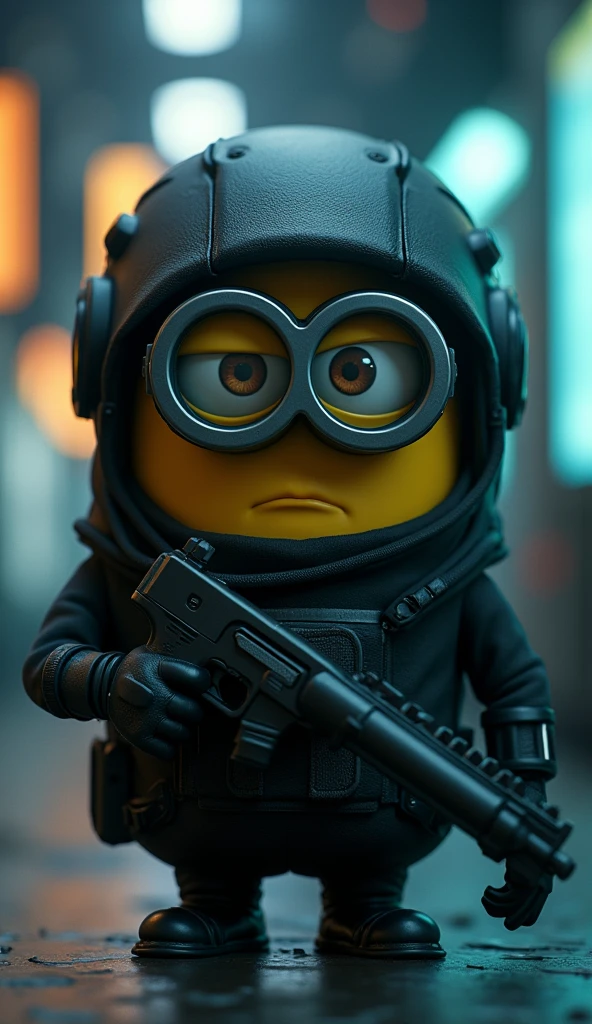 Minion, reimagined as Solid Snake, dons a sleek, tactical stealth suit in a dimly lit, high-tech environment. The Minion's yellow face peeks out from under a tactical helmet, with a determined expression and a small, but serious, frown. It clutches a silenced pistol with tiny, gloved hands, and its round goggles reflect the faint glow of nearby screens. The scene contrasts the Minion's usual playful demeanor with the intensity of a stealth mission, highlighting a unique blend of seriousness and inherent whimsy in a tense, high-stakes setting.