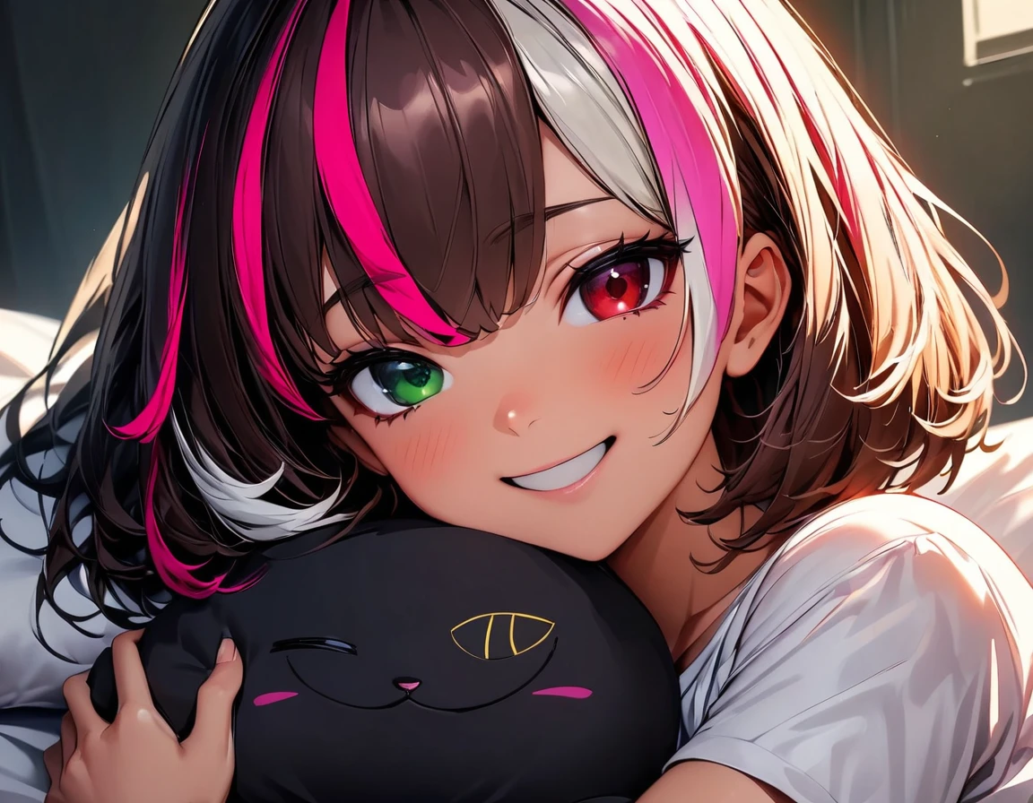 (highest quality:1.2, Very detailed, up to date, Vibrant, Ultra-high resolution, High Contrast, masterpiece:1.2, highest quality, Best aesthetics), Portraiture、girl、solo, (25-years-old:1), slim, heterrochromia, green eye, red eye, extra short hair, ((bob cut:1.5))、pink and purple, ((streaked hair:1.9)), (highlights hair: 1.6), t-shirt, (medium breast:0.7), (tan skin:0.5), Holding a huge cute stuffed brown cat, (lying on the bed), (happy:1.8), Bright colors、Beautiful fine details、Beautiful lip detail、looking_at_viewer, (upper body)