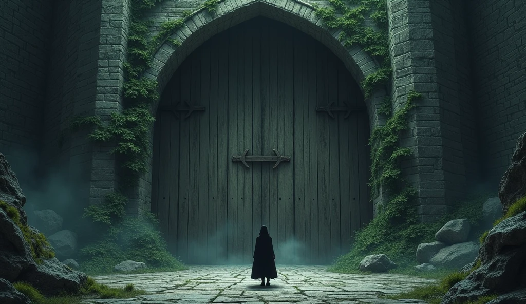 A towering, ancient castle with overgrown vines covering its crumbling walls. Elara, standing before the massive, creaking wooden doors, pushes them open, revealing a dimly lit interior with long shadows cast across the stone floor.
