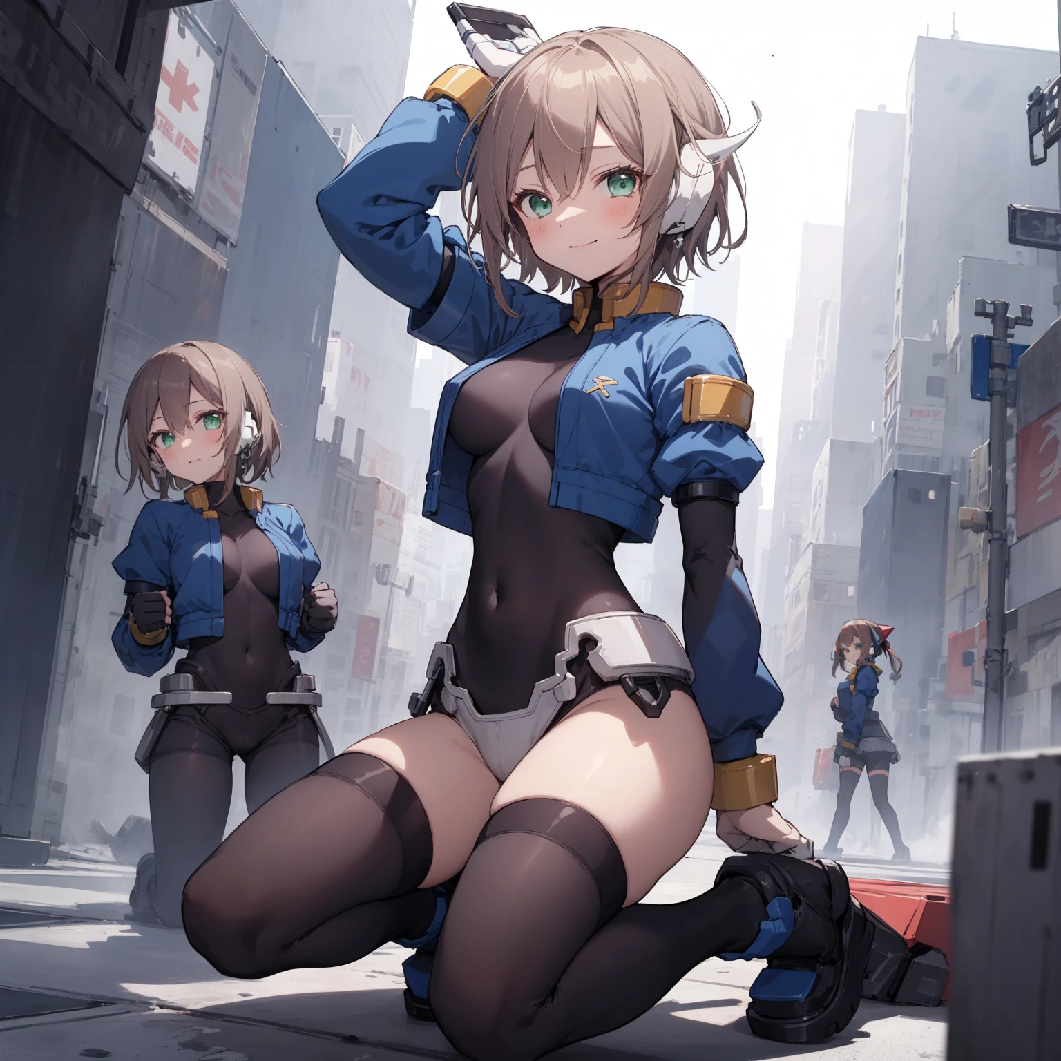 Family_megamanzx, kneeling with one hand on the floor and the other arm raised, 1 girl, standing alone, Petite hair, chestnut hair, Petite sleeves, (May), robot ears, greeneyes, lots_Petite_Petites, Petite sleeves, over long sleeves, ssmile, in futuristic city, , high qualiy, average_breastsout,crotch, slouch,crotch, back, is