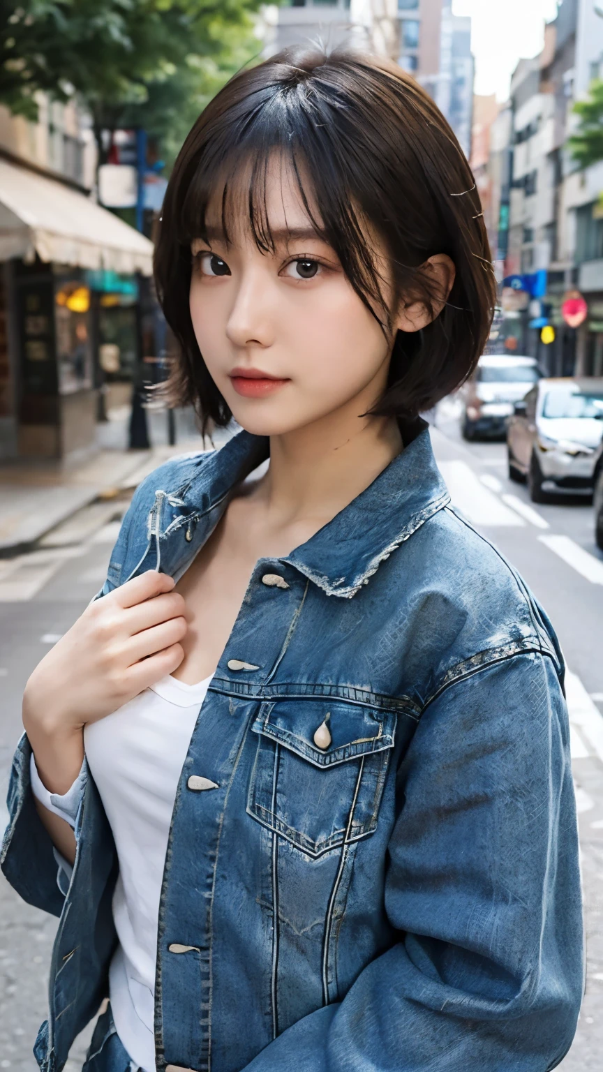 Photorealistic, High resolution, Detailed Background, Beautiful skin in every detail, Detailed nose, Soft lighting, (Solo Shot:1.23), (Upper Body:1.1), Close-up shot, (focused on the chest:1.3), View your viewers, (((Nice hands, Perfect hands))), Clear Eyes,// Japanese women,Cleavage, Pale skin, Huge breasts, 20-year-old, // (((Wearing a modified denim jacket set-up.))),//short hair, Blue Hair, Street Snap, ((In-person audience)), on the road, ((Are standing)),