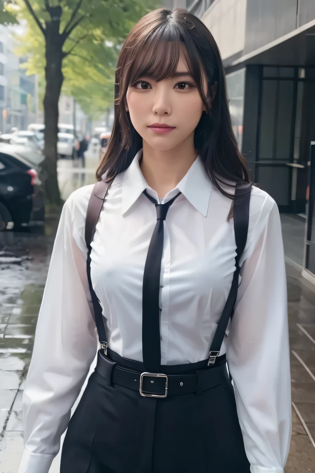 a woman in a suit, belt, hands behind back, sweating, suspenders, black pants, sexy, large breasts, see-through clothing, rain, heavy rain, detective, office worker, white button-up shirt, (best quality,4k,8k,highres,masterpiece:1.2),ultra-detailed,(realistic,photorealistic,photo-realistic:1.37),hyper-detailed,highly detailed face and body, スレンダー　細い　サスペンダー　大きい胸　透けたシャツ　