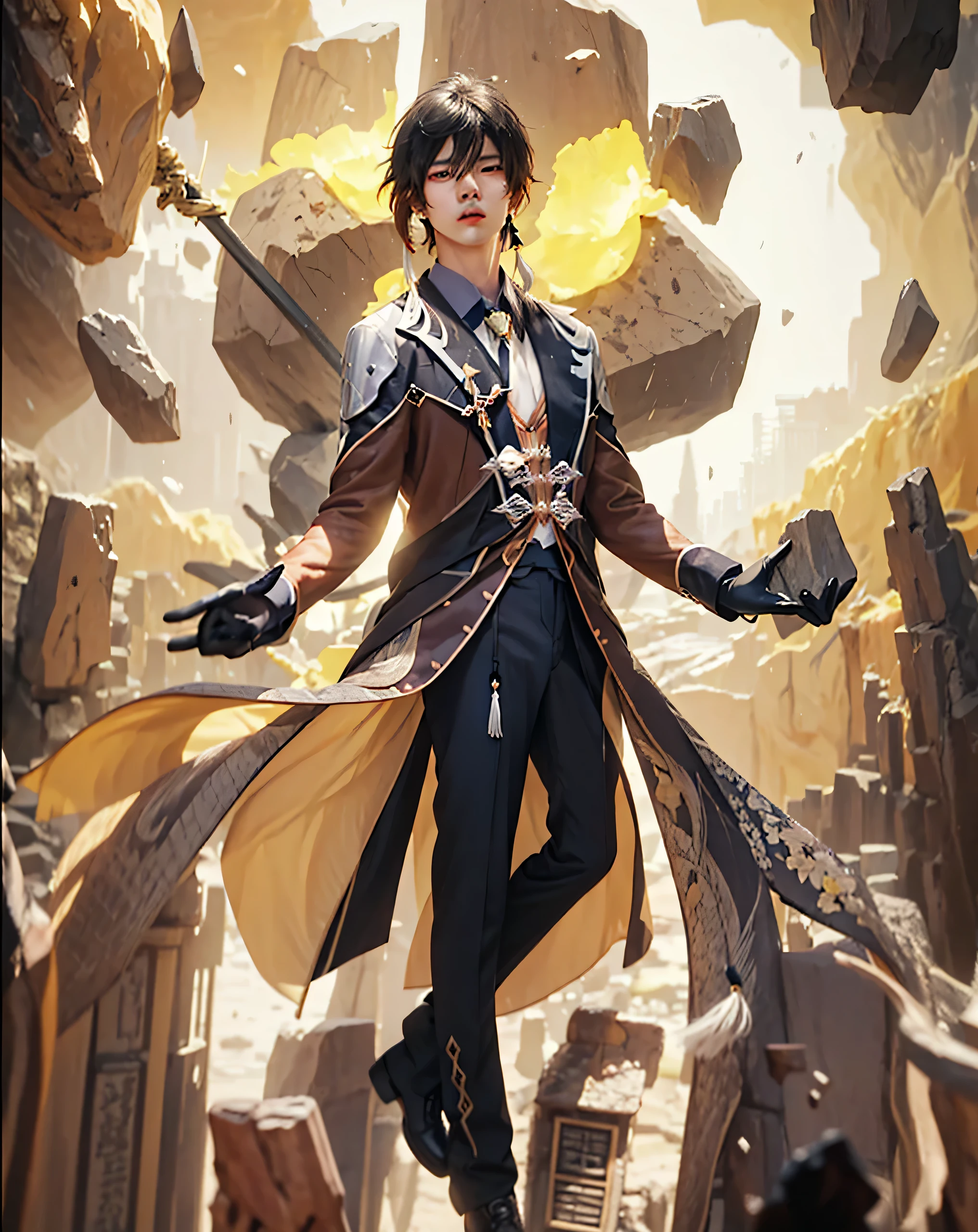 ((Zhongli morax_GENSHIN IMPACT)),((realistic, photorealistic)),(highlight hair)), Light reflection, (( HD )),((upper body)), (((best quality, masterpiece))), (masterpiece) (best quality) (detail) (8k) (HDR) (wallpaper) (cinematic lighting) (sharp focuasterpiece, best quality: 1.1), 1men solo, Zhongli, shadow,back light,Zhongli Spear genshin impact, sitting on a rock shaped like a larva's hand, a mountain rock ruin,Mountain rocks background,Stone-shaped hands, Real life adaption of this character, Asian teen beauty face, Shining Purple eyes, realistic outfit, realistic shadow, realistic light, realism, hyper realistic, realistic background,(photorealistic:1.2), masterpiece, best quality, 1boy, masterpiece, best quality, simple background, whole body, bangs, black_gloves, black_hair, brown_hair, gradient_hair, collared_shirt, earrings, eyebrows_visible_through_hair, formal, gloves, hair_between_eyes, holding, chinese_clothes, jacket, jewelry, long_hair, long_sleeves, male_focus, multicolored_hair, ponytail, single_earring, suit, tassel, tassel_earrings, whiskers, yellow_eyes, zhongli_\(genshin_impact\)best quality,masterpiece,absurbres,super-resolution,1boys,Zhongli \(genshin impact\),((long hair, black hair)),yellow eyes,calm,brown suit,white shirt,black pants,necktie,abs, 1boy, male focus,muscular, toned, pectorals, nipples, open mouth, solo, looking at viewer,gloves, solo, jewelry, male focus, earrings, tassel earrings, formal, ponytail, black gloves, tassel, long hair, single earring, looking at viewer, suit,Room background, glow effect, 1men solo, Zhongli, shadow,back light,Zhongli Spear genshin impact, sitting on a rock shaped like a larva's hand, a mountain rock ruin,Mountain rocks background,Stone-shaped hands,Floating cloak, spear sword, Flying,Glow effect,