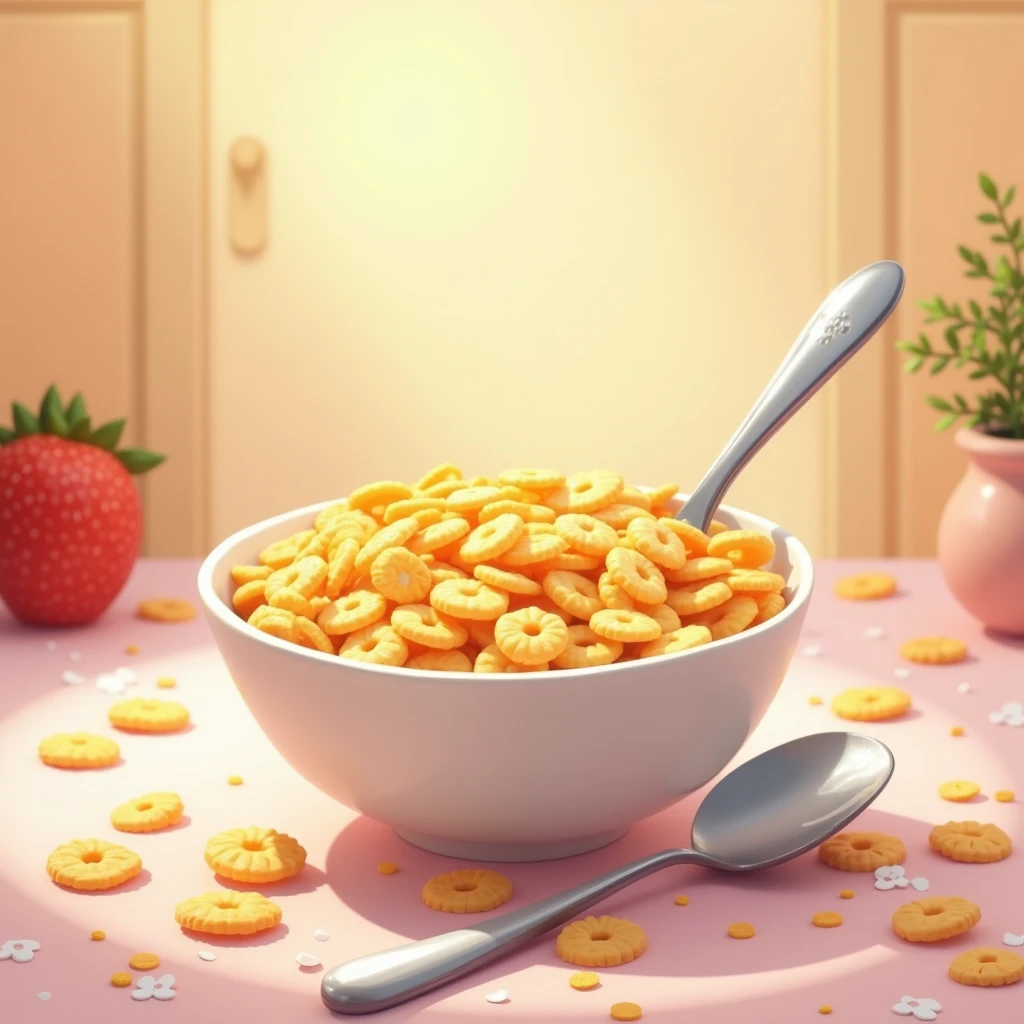 American breakfast，bowl，spoon，Milk cereal，corn flake，Disney style