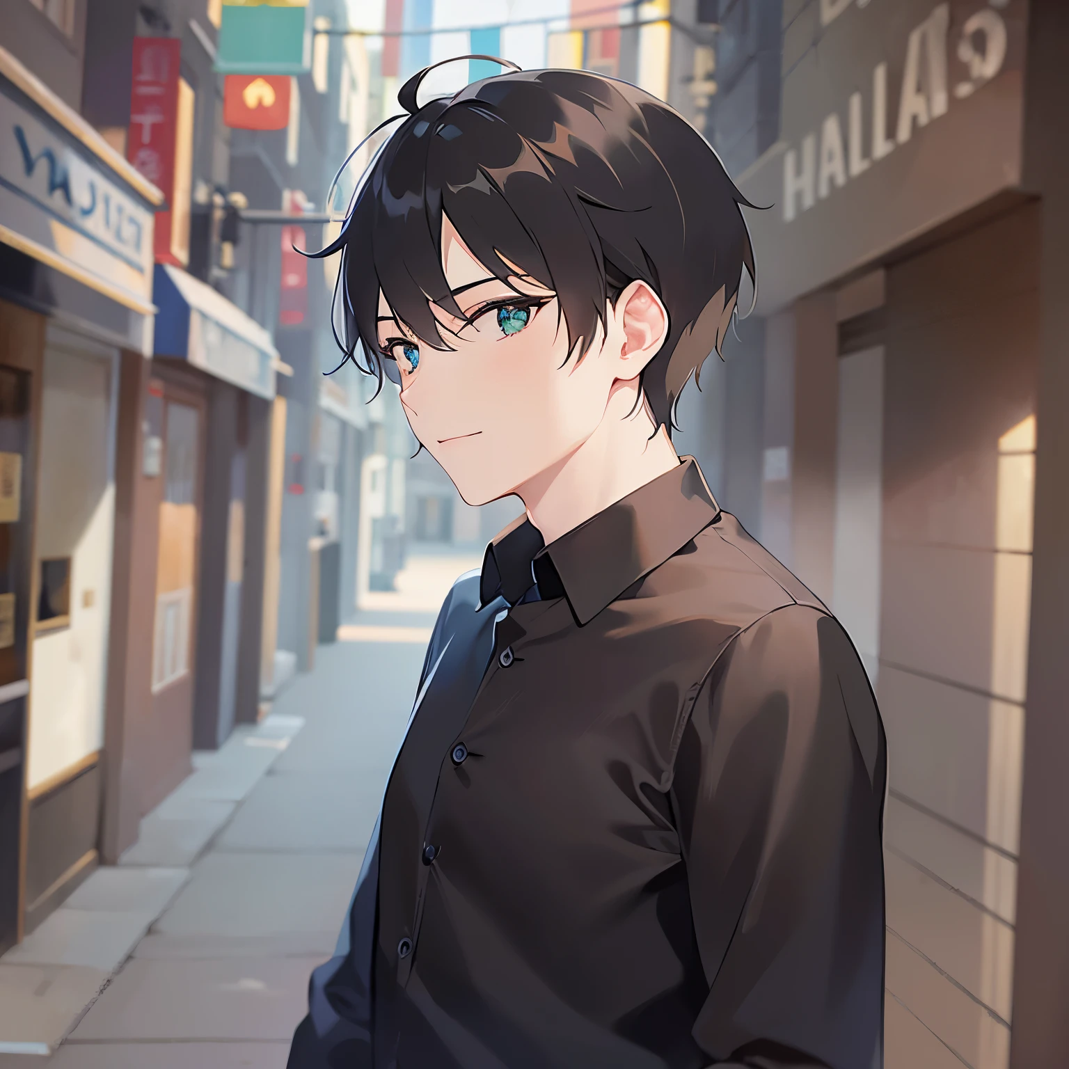 BREAK(25-year-old male:1.5) and (Brown short hair) and (Green Eyes)BREAK, (looking away:1.5),upper body、 Side shot、
shiny skin, masterpiece、Highest quality、
(black collared shirt:1.5) ,
smile,In town、(alone:1.5)