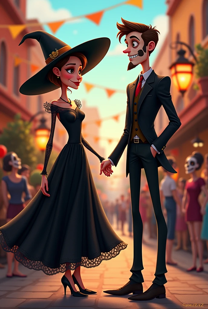Disney Pixar style cover of a tall woman, slim, white tea, short, very short light brown hair, big brown eyes dressed as a witch on the day of the dead, with a beautiful black dress and high heels and a tall man, delgado, white tea, light brown hair combed to the side and beard, green eyes
