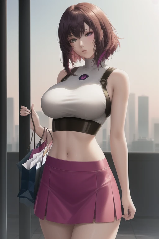 {{{masterpiece}}}, {{detailed}}, {detailed background}, {best quality}, high quality, high-definition, 4k, lights, glares, {detailed eyes}, motoko kusanagi, shoulder length messy brown hair, heterochromia red and grey, white crop top with black symbols and pink skirt, happy, shopping, Full body Beautiful anime style woman, clean detailed faces, intricate clothing, analogous colors, glowing shadows, beautiful gradient, depth of field, clean image, high quality, high detail, high definition, Luminous Studio graphics engine, cute face, slim waist, nice hips,