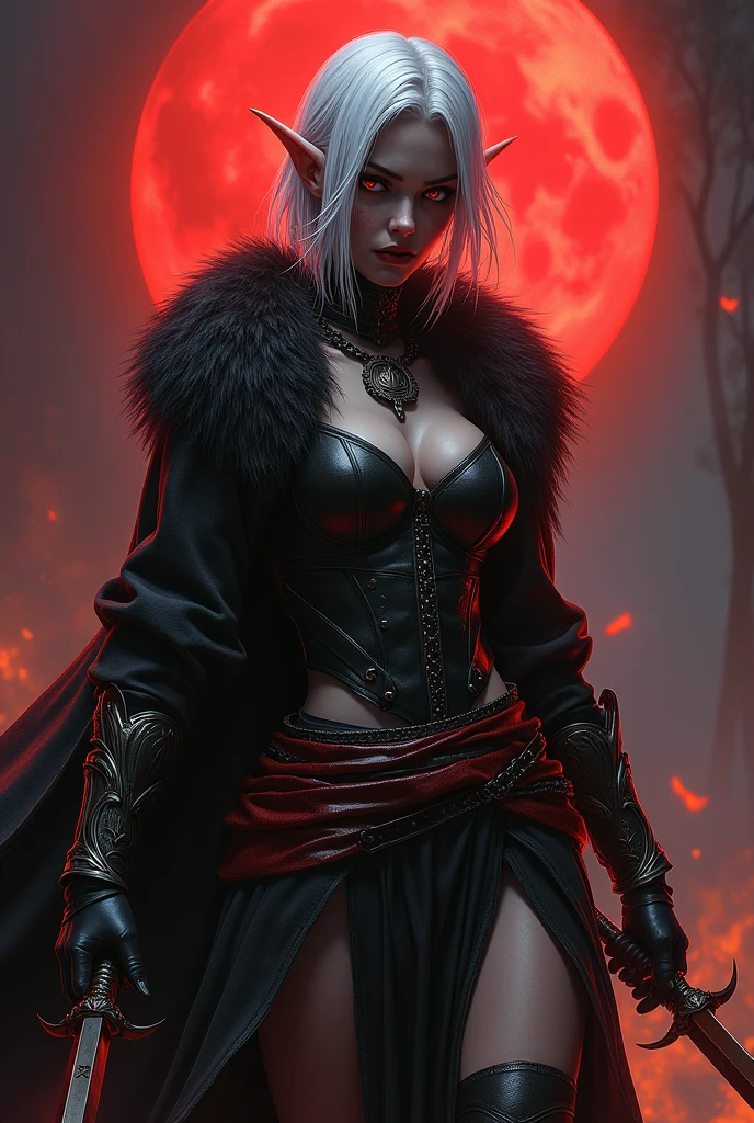 female dark elf, with two blades stained with blood, Elf Assassin, dark skin, perfect body, big breasts, leather armour,Red eyes, White hairпоказано, .. She has white-gray hair , у нее short hair и открыть, sexual, hot, , Running through hell. Fire on both sides. eruption. Fiery Winter. A Dark Existence. The blood-red moon drips with drops of blood. Rivers of Blood in the Streets.very detailed, Dynamic, cinematic, deafening, Realistic lighting and shading, harlequin, hair between eyes, black hair, White hair, short hair, coat, fur trim, fur-trimmed coat, (X-shaped eyes, Eyes in the shape of symbols, Slanted eyes),