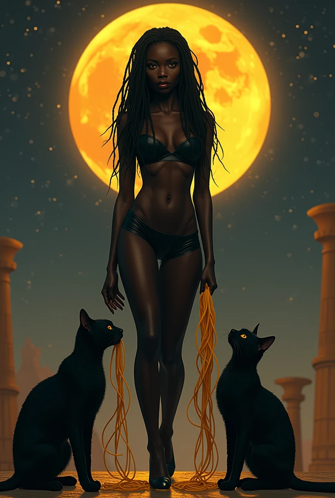 A full body black woman, sexly, egyptian, slim, with dreadlocks in her hair, with two black cats beside, one of the cats eating a spaghetti noodle and in the background of the image a yellow full moon.