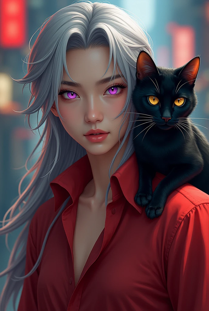 ((best quality)), (detailed), Beautiful Chinese man, long grey hair, purple eyes, red dress shirt, cool eyes, long eyes, biceps, put a black cat on your shoulder, cyberpunk background