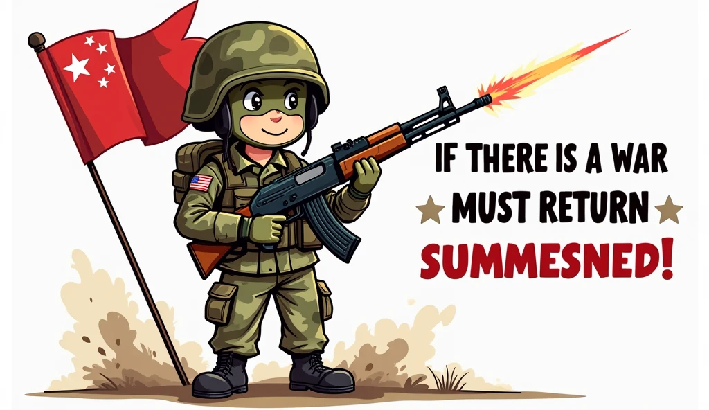 (The background is transparent)(There is a complete one)(On the left is the five-star red flag) (A cartoon character in camouflage military uniform holding an AK47 submachine gun in his right hand,Camouflage on the face)(slogan:"If there is a war,Must return when summoned!",The font must be strong and powerful)(The whole picture looks very loving.)