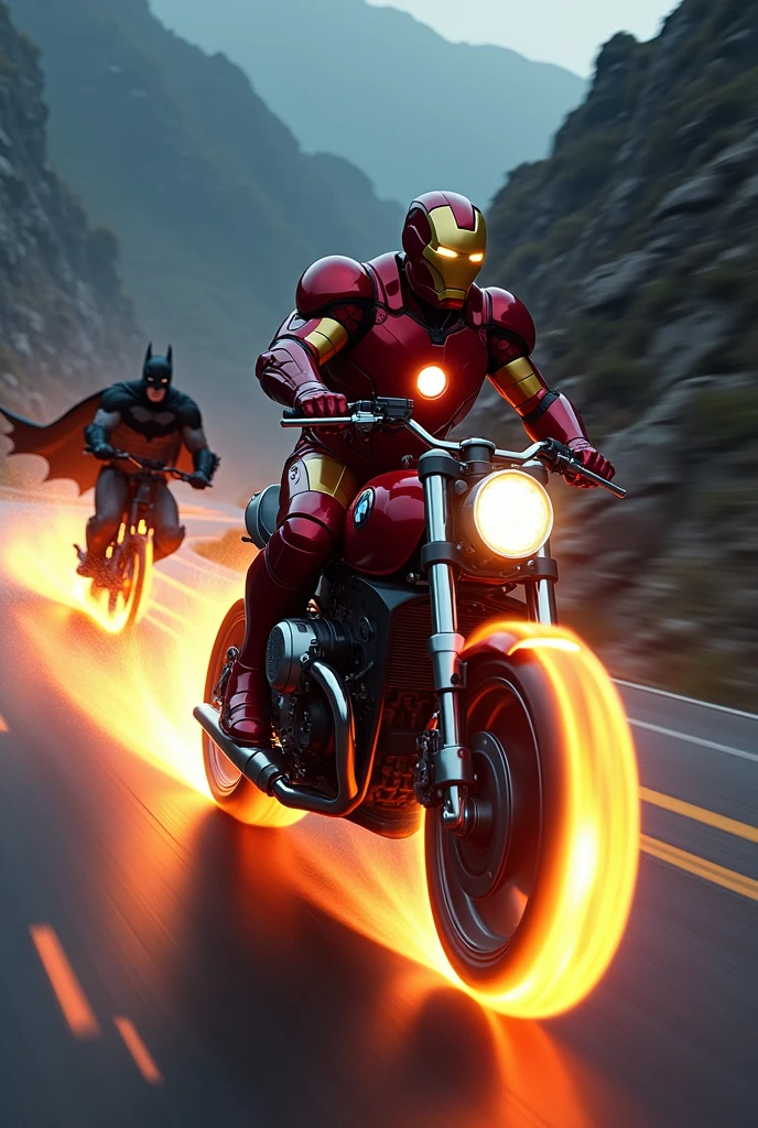 Iron man riding a bmw bike at full speed at hills fire on the wheels at night , Flying batman chasing him from back in full angry mood