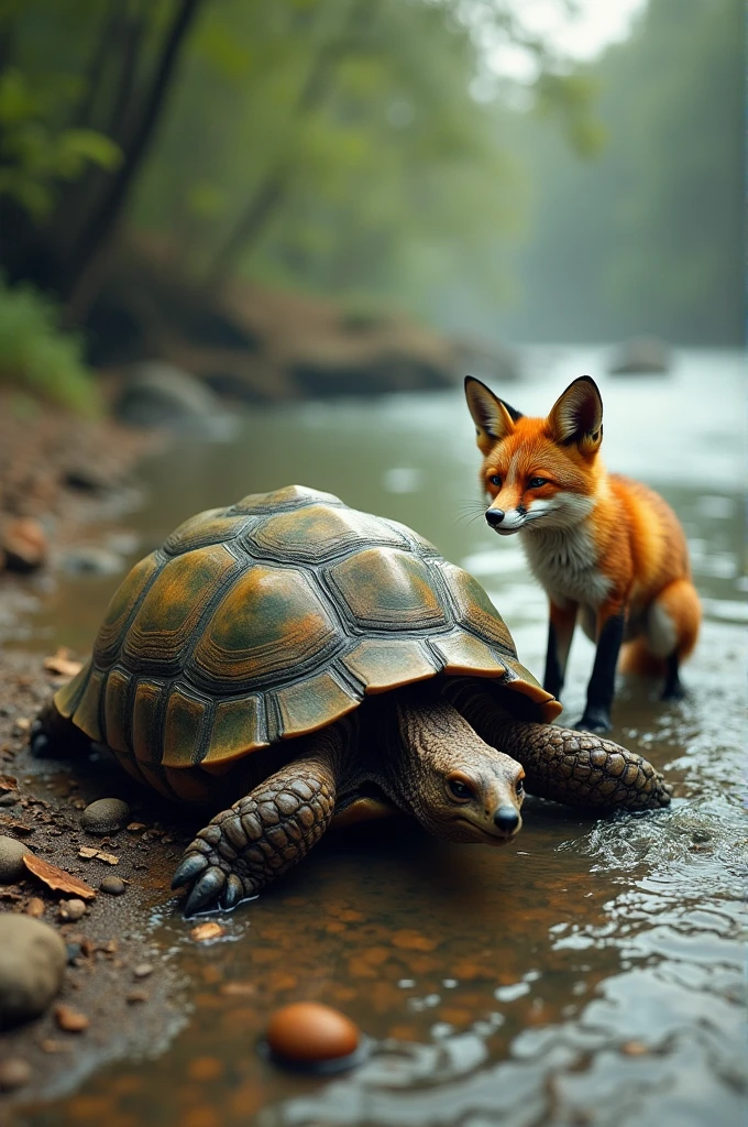 As soon as they reach the bank, the tortoise swiftly retreats into its hard shell, leaving the fox looking confused and frustrated. The fox tries to pry the shell open but fails.