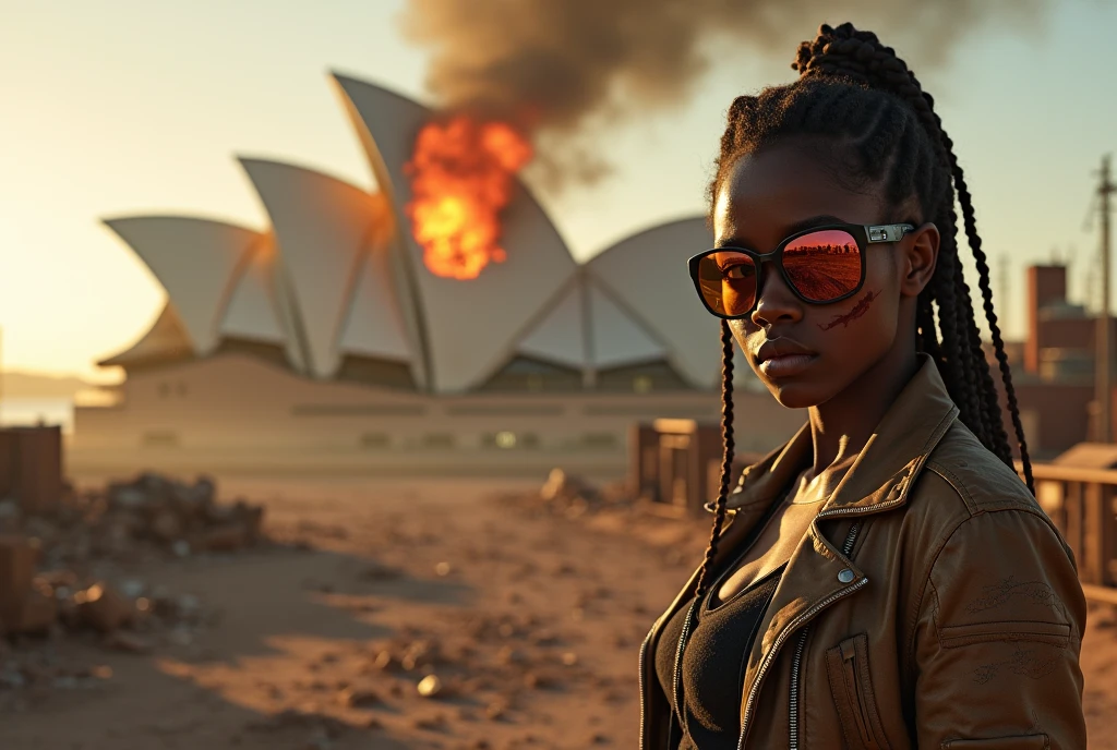 Sydney Harbour, 1girl, black woman, in the style of Mad Max, Sydney Opera House burning and collapsed, girl has mirrored sunglasses, torn leather jacket, warpaint, apocalyptic city, city devastated by zombies