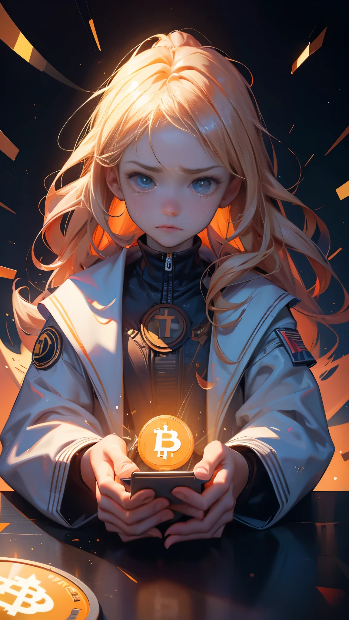 a close up of a girl in a suit sitting at a table with shocked face, with stack of bitcoins, crying face, facing a big loss, Shockwaves are coming out, 🚀🚀🚀, bitcoin evil, crypto, cryptocurrency, crypto valut, cryptocurrency in the background, satoshi, giant crypto vault, youtube thumbnail, 🔞🤡, typical cryptocurrency nerd, cg art, 🚀🌈🤩, daoshi, 32k, 3 2k