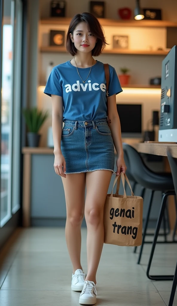 Beautiful Thai girl, short hair, wearing a blue t-shirt printed with the word "ADVICE", wearing a short jeans skirt, wearing white sneakers, (((standing holding a sign "GENAI TRANG")))., in a computer store. Tablet, (((full body)))., สมส่วน, หน้าอกใหญ่โต