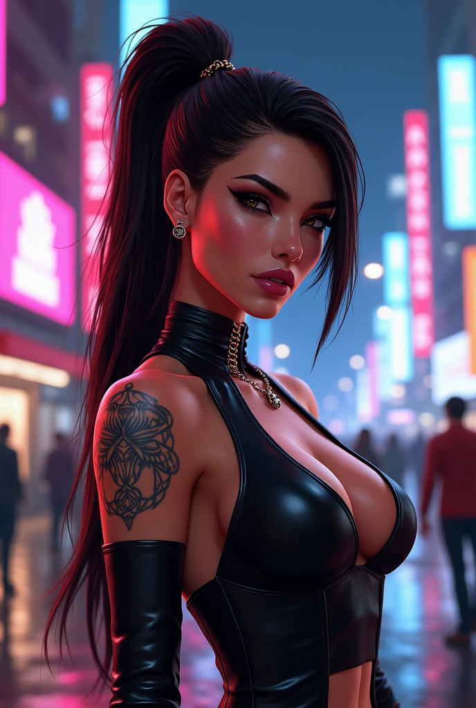 Introducing Maxine, a stunningly beautiful woman with long, wavy black hair cascading down her shoulders. Her alluring medium-sized breasts are accentuated by the revealing yet edgy cyberpunk-style micro bikini she wears. Her captivating green eyes shine with an intelligence that intrigues those around her, and her full, luscious lips are coated in a bold shade of pink lipstick. Atop her head rests a sleek black cap, adding an extra layer of mystery and style to her appearance. The background sets the perfect scene: the rustic charm of a Parisian café, with its blue neon lights illuminating the scene and reflecting off Maxine