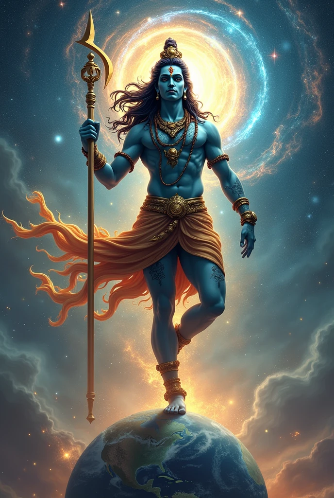 Sada shiv dancing tandav and creating universe with damru surrounded by multiverse earth under foot
One hand holding universe