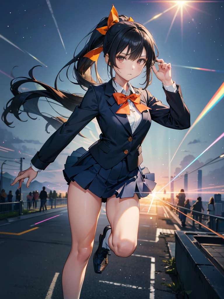 One person, ponytail, Black Hair, Slender body,Thinい胸,Slanted Eyes, Thin々, height: 155cm,Illustration effect, High School Uniform,Navy Blue Blazer,White blouse,Orange bow ribbon,Gray knee-length flared skirt,Navy blue knee socks,Black shoes,action,Backward kick,High resolution, masterpiece, Accurate, Anatomically correct, number々Awards, Highest quality, corruption, detailed, High resolutionモデル, 高いdetailed, retina, Very detaileded, Textured skin, 超High resolution, vision, Background Blur, Lens flare, Anatomically correct, Anime Style,