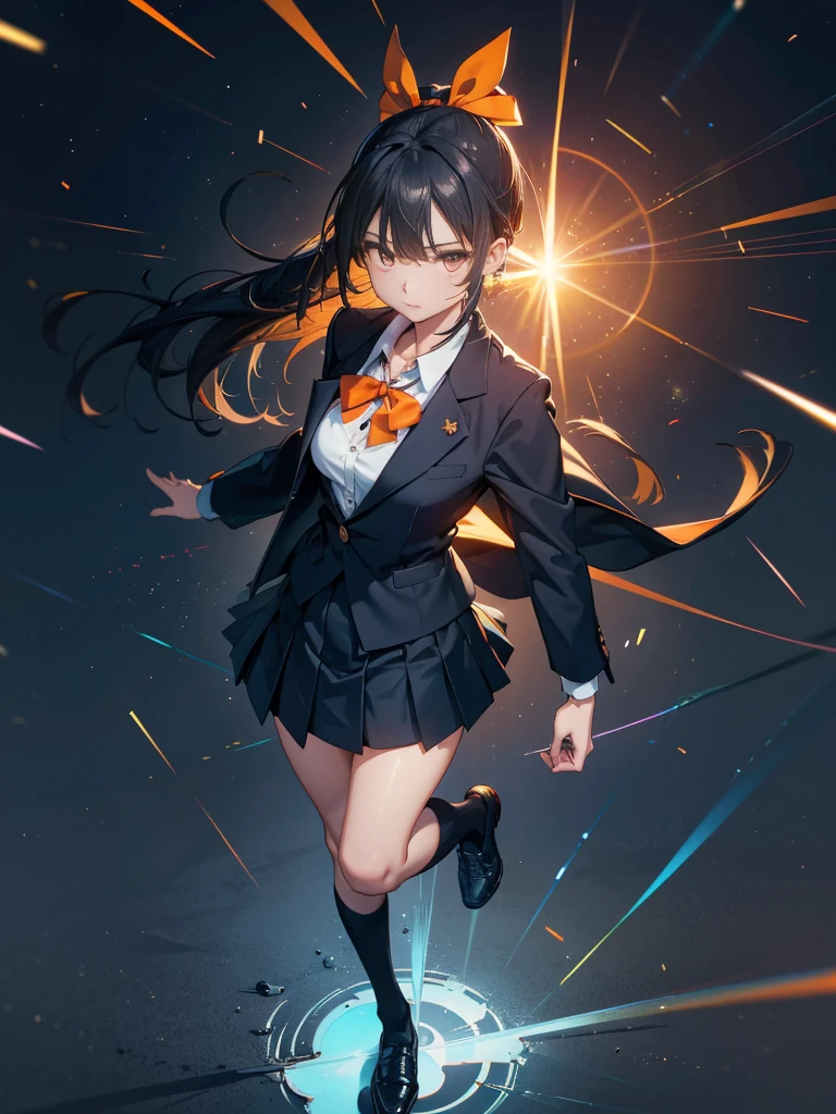 One person, ponytail, Black Hair, Slender body,Thinい胸,Slanted Eyes, Thin々, height: 155cm,Illustration effect, High School Uniform,Navy Blue Blazer,White blouse,Orange bow ribbon,Gray knee-length flared skirt,Navy blue knee socks,Black shoes,action,Backward kick,High resolution, masterpiece, Accurate, Anatomically correct, number々Awards, Highest quality, corruption, detailed, High resolutionモデル, 高いdetailed, retina, Very detaileded, Textured skin, 超High resolution, vision, Background Blur, Lens flare, Anatomically correct, Anime Style, 