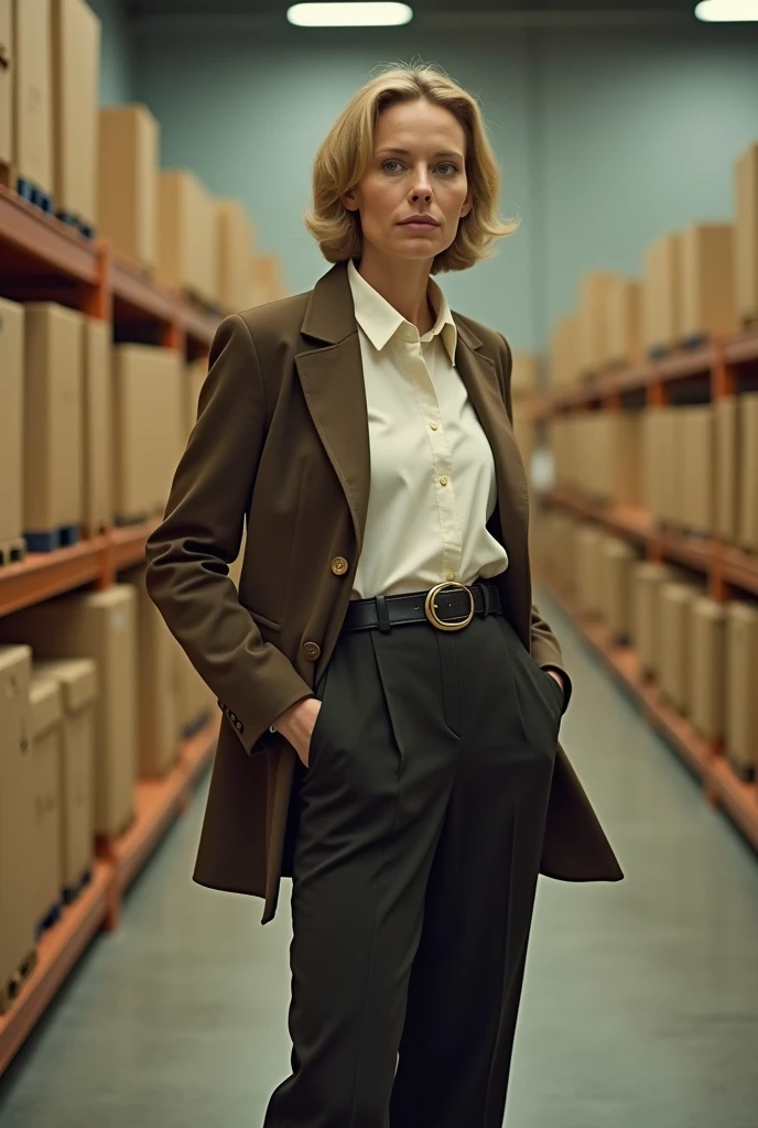 40-year-old color landscape photograph (German woman:1.3), chic, (inside a stock with plain boxes:1.3), during the day, flat lighting, (Smooth Saturation:1.2), analog style