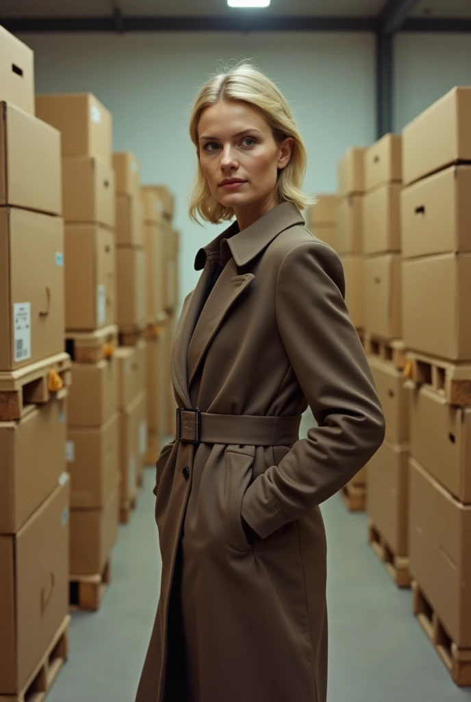 40-year-old color landscape photograph (German woman:1.3), chic, (inside a stock with plain boxes:1.3), during the day, flat lighting, (Smooth Saturation:1.2), analog style