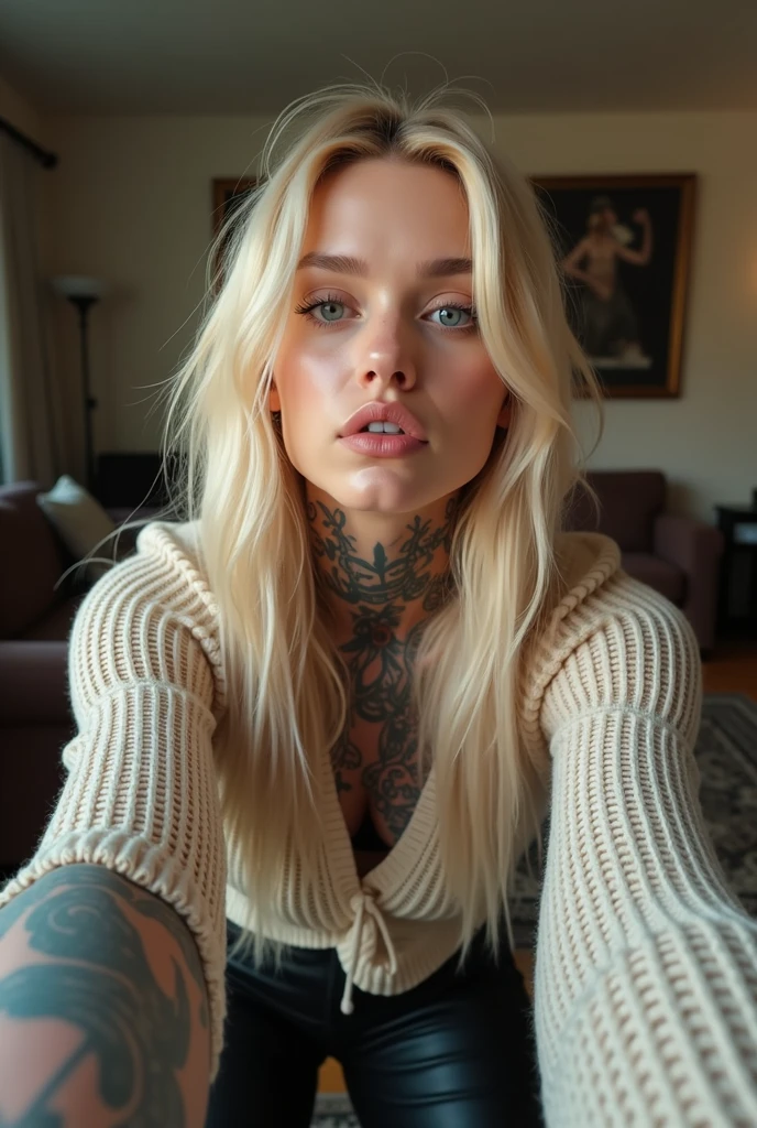 selfie, wink, cute woman with baby face, attractive and seductive facial expression, shy, blonde straight hair, forehead, draw up, Blue eyes, excellent body proportions, covered in tattoos, dressed in a loose knitted shirt, skinny leather pants, engineering boots, art, hyper, CG graphics digital art