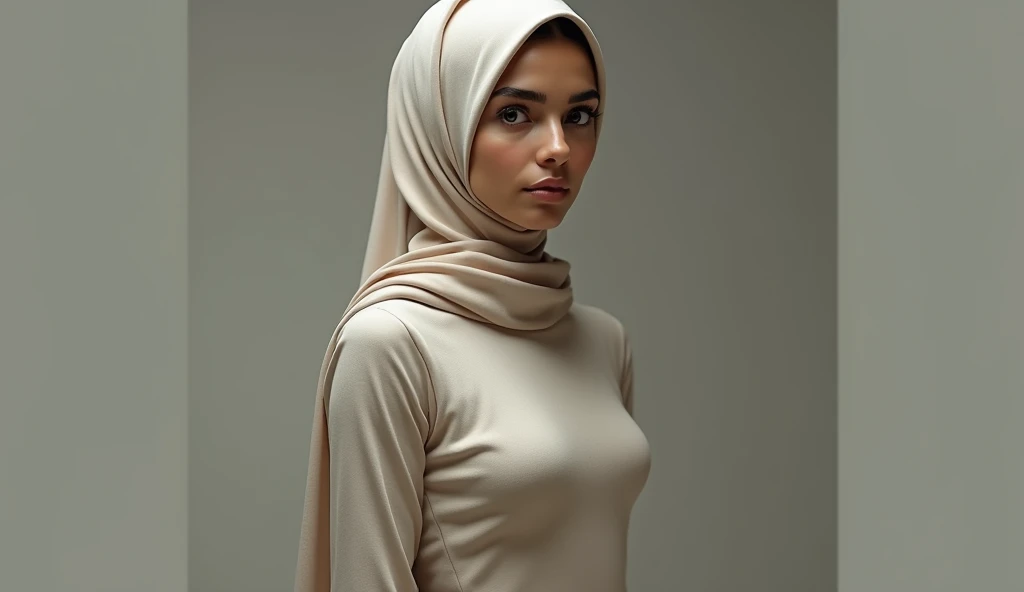 A muslim hijabi women wearing tight dress. Picture of that women will ne in the left corner. 