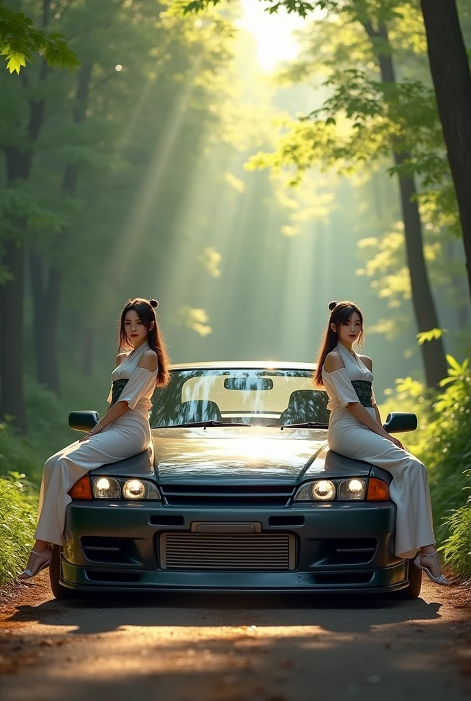 ((best quality)), ((masterpiece)), (detailed), Nissan skyline r33 and r32 with two japanese girl sitting on the bonnet in each car in the forest