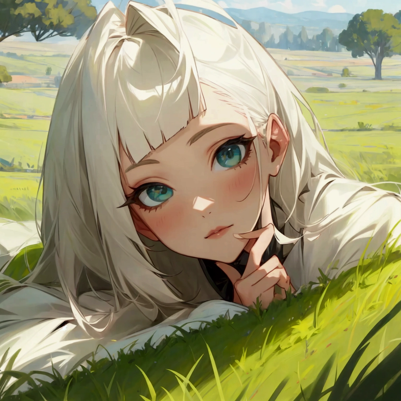 face, Platinum blonde, Beauty, green grasslands