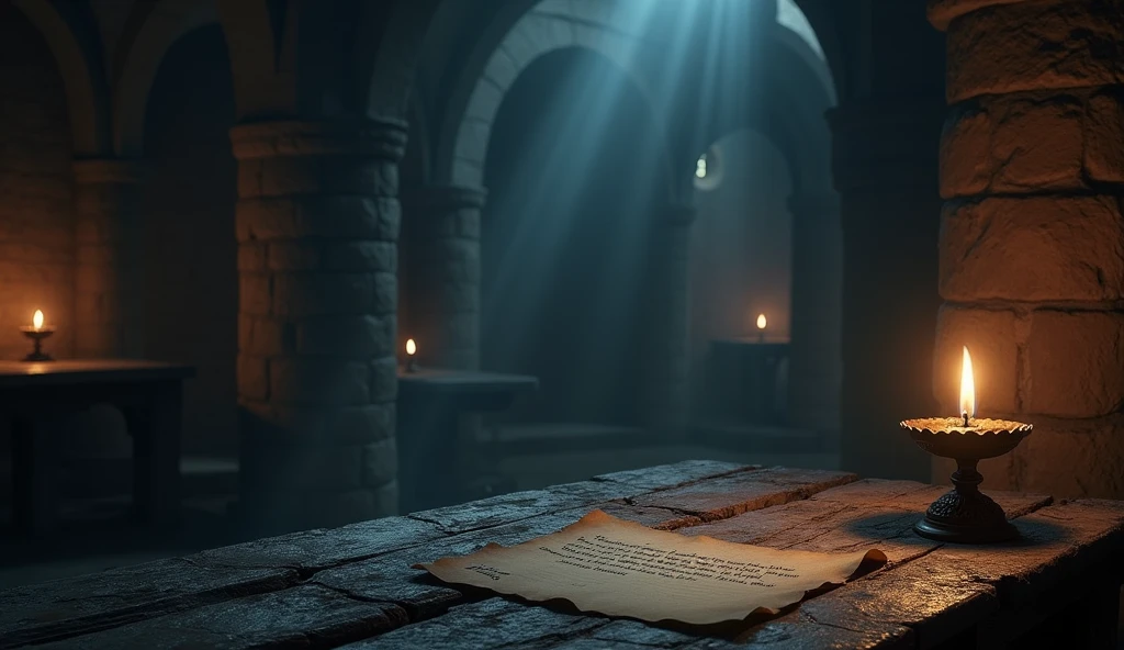 Inside the castle’s dimly lit hall, a small, ancient oil lamp flickers with a soft glow on a dusty table. Next to it lies a small parchment with cryptic writing, warning Elara of impending danger.
