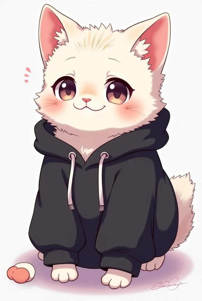 Anime style image of a furry white male cat, femboy in a black hoodie.
