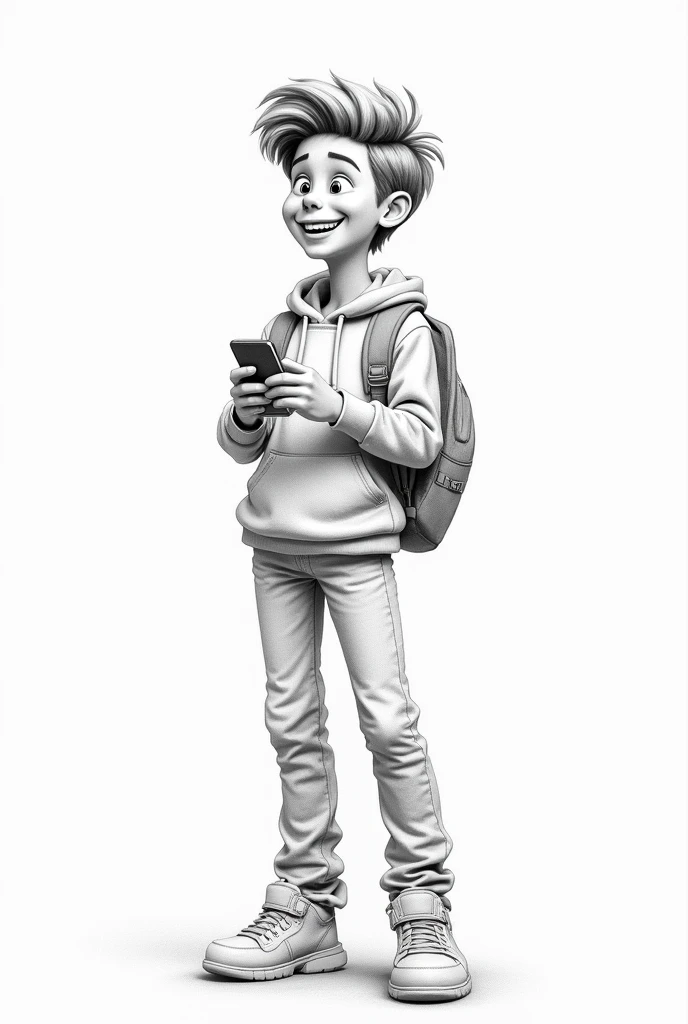 Draw a pencil drawing of one  person standing with mobile joyful 
