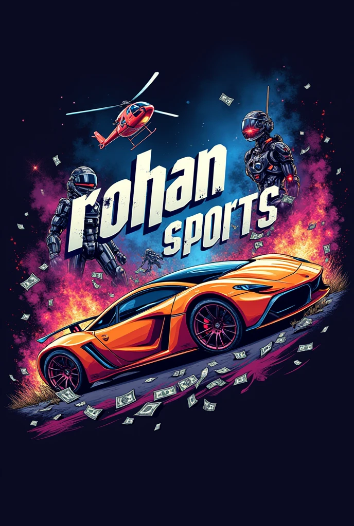 Create a logo for my youtube channel with Text " Rohan Shorts " . Background RGB super  car destruction and money with helicopter and mechas fire 