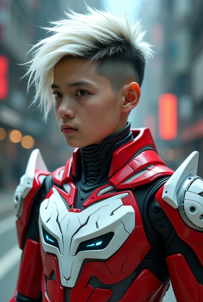 a young 17 year old boy wearing a red and white exoskeleton armor, a robot face on his chest , malaysian mullet wolfcut hairstyle. White black hair, detailed face and eyes, highly detailed, 8k, photorealistic, cinematic lighting, concept art, sci-fi. Led light blue.led light robot face on body Punisher. Marvel. Alien robot face on body. Mechamato. Robot face on chest. Talking robot on chest. Robot emoji on body. 