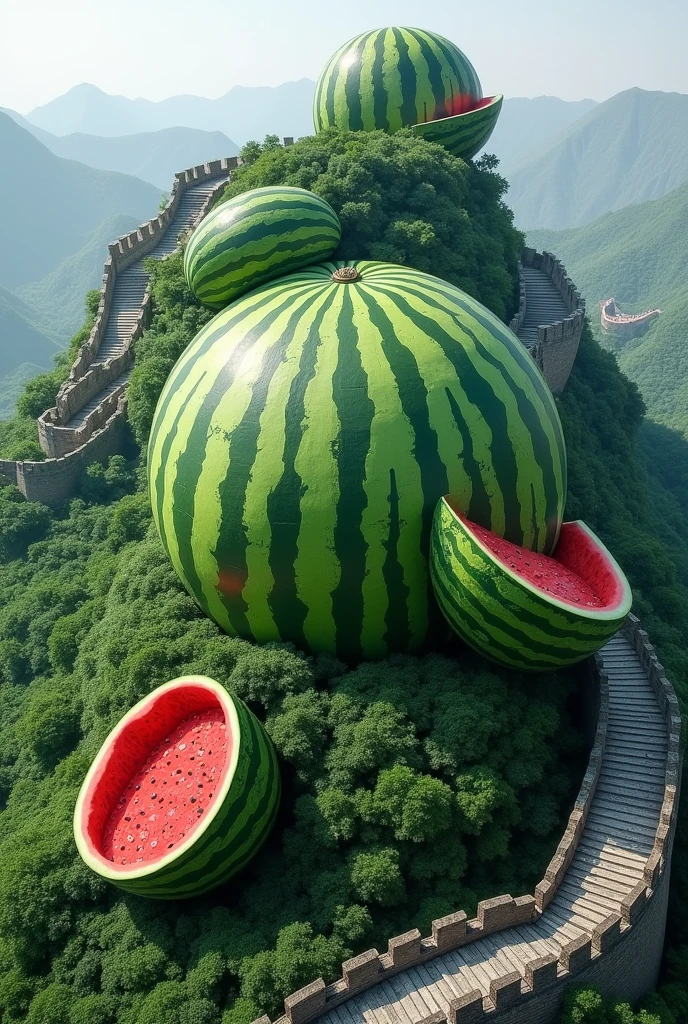 1. **Watermelon Harmony**: Inspired by the **Great Wall of China**. Imagine a massive watermelon sculpture intertwined with the wall’s iconic segments, symbolizing the blend of nature and human achievement.
**Location**: Set in a lush valley near a sprawling river, where the wall’s structure elegantly merges with natural landscapes.
