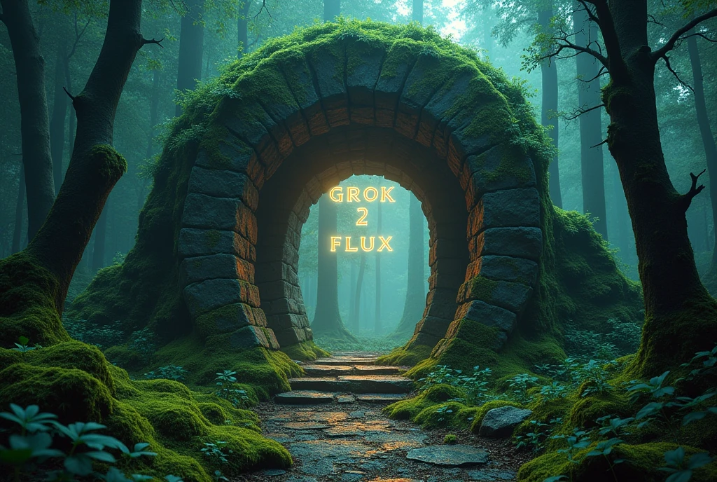 A shimmering text "GROK 2 FLUX!", ancient moss-covered stone altar, dense enchanted forest, cinematic lighting, dramatic shadows, vibrant colors, fantasy, mystical, ethereal, photorealistic