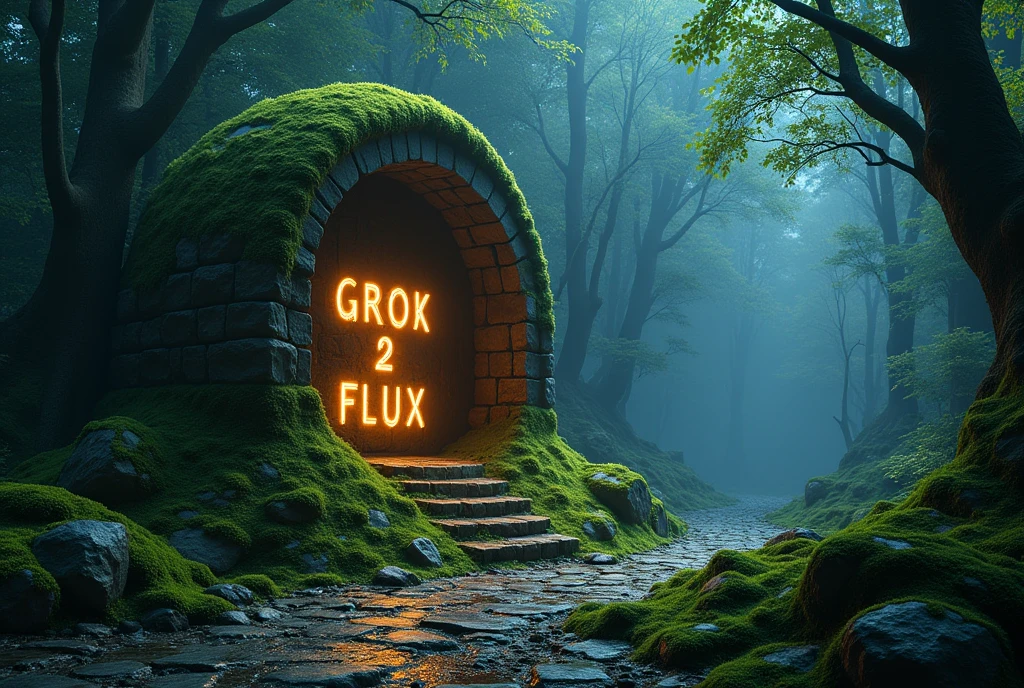 A shimmering text "GROK 2 FLUX!", ancient moss-covered stone altar, dense enchanted forest, cinematic lighting, dramatic shadows, vibrant colors, fantasy, mystical, ethereal, photorealistic