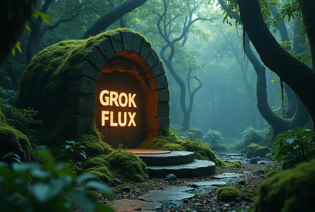 A shimmering text "GROK 2 FLUX!", ancient moss-covered stone altar, dense enchanted forest, cinematic lighting, dramatic shadows, vibrant colors, fantasy, mystical, ethereal, photorealistic
