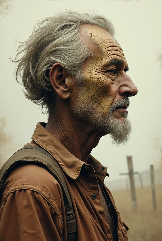 A peasant in profile with his face deformed like the shape of the Bolivia map 2024