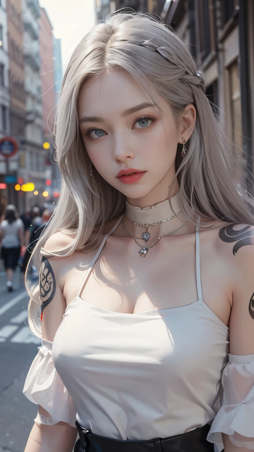 Beautiful female college student in the city,masterpiece,light makeup,Red Lip,Silver Hair,Disheveled long hair,Street Background,Elegantさ,Elegant。Ultra-fine details,Masterpieces,Authentic texture,Realism in film lighting,Perfect piece,8k,khd,Delicate facial features,White skinny turtleneck top,white skinny shorts,Slim figure,Big bright eyes,Smooth Skin,ear discharge,Choker Necklace,Got a tattoo