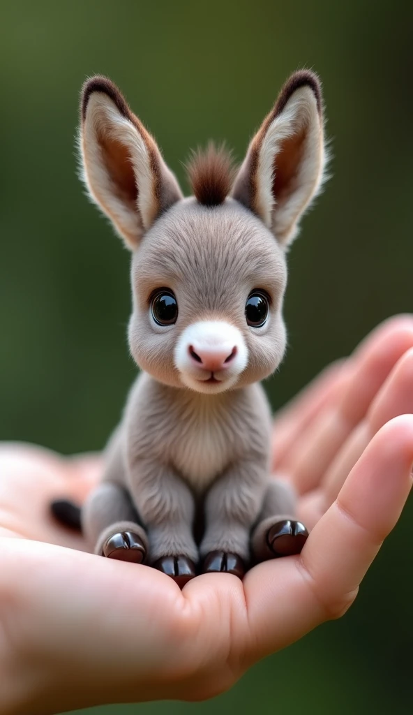 There is a little donkey in a man&#39;s hand, Sitting on fingers, Cute and cuddly, , Real little donkey，Very realistic little donkey， The photos are very realistic,  Very small, Just a beautiful little thing, Cute little nose, Beautiful and lovely, Beautiful creatures, Pretty and cute, Very detailed photos.