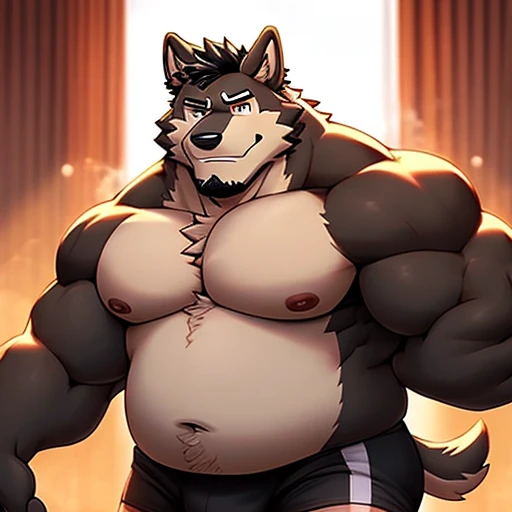 masterpiece,furry art, daddy,detailed,hairy chest and neck with thick black fur,hairy black body,handsome muscular dog man,boxer briefs with puppy patterns,hairy arms,big round eyes covered with long black fur,furry anime,muscular build,soft fur textures,fluffy black undershirt,sleek black hair covering the eyes,hair flowing down the back and chest,chestnut-colored fur,chestnut masterpiece,detailed fur,handsome and chubby (perro), cuerpo completo ,big giant tall looking (11'1 tall),smirk